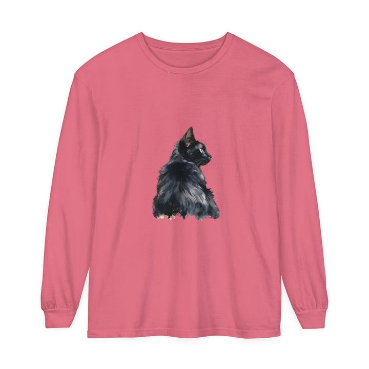 Black Cat Watercolor Long Sleeve T-Shirt with vibrant, hand-painted feline design