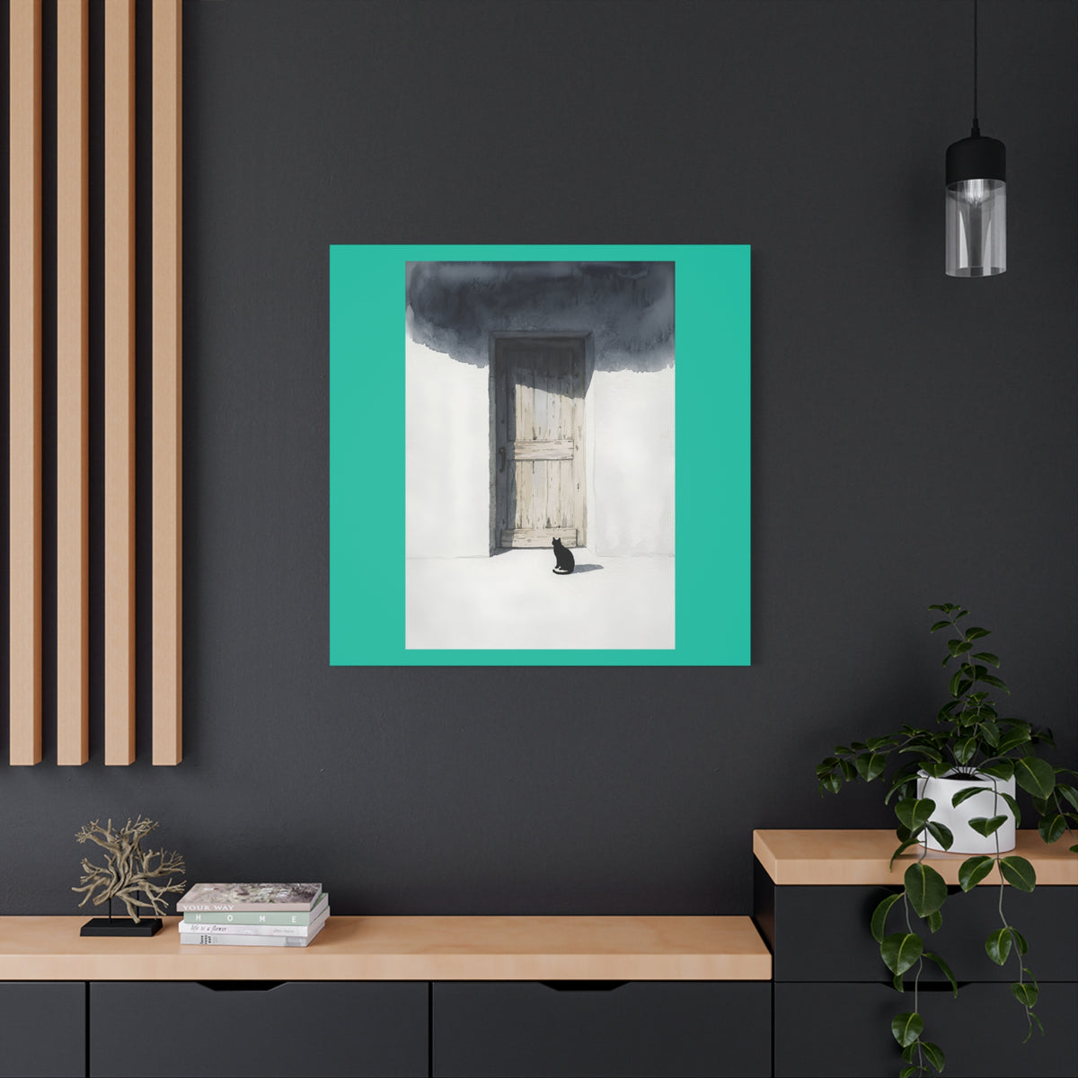 Cat at the Door Matte Canvas Wall Art — Moody Minimalist Cat Illustration