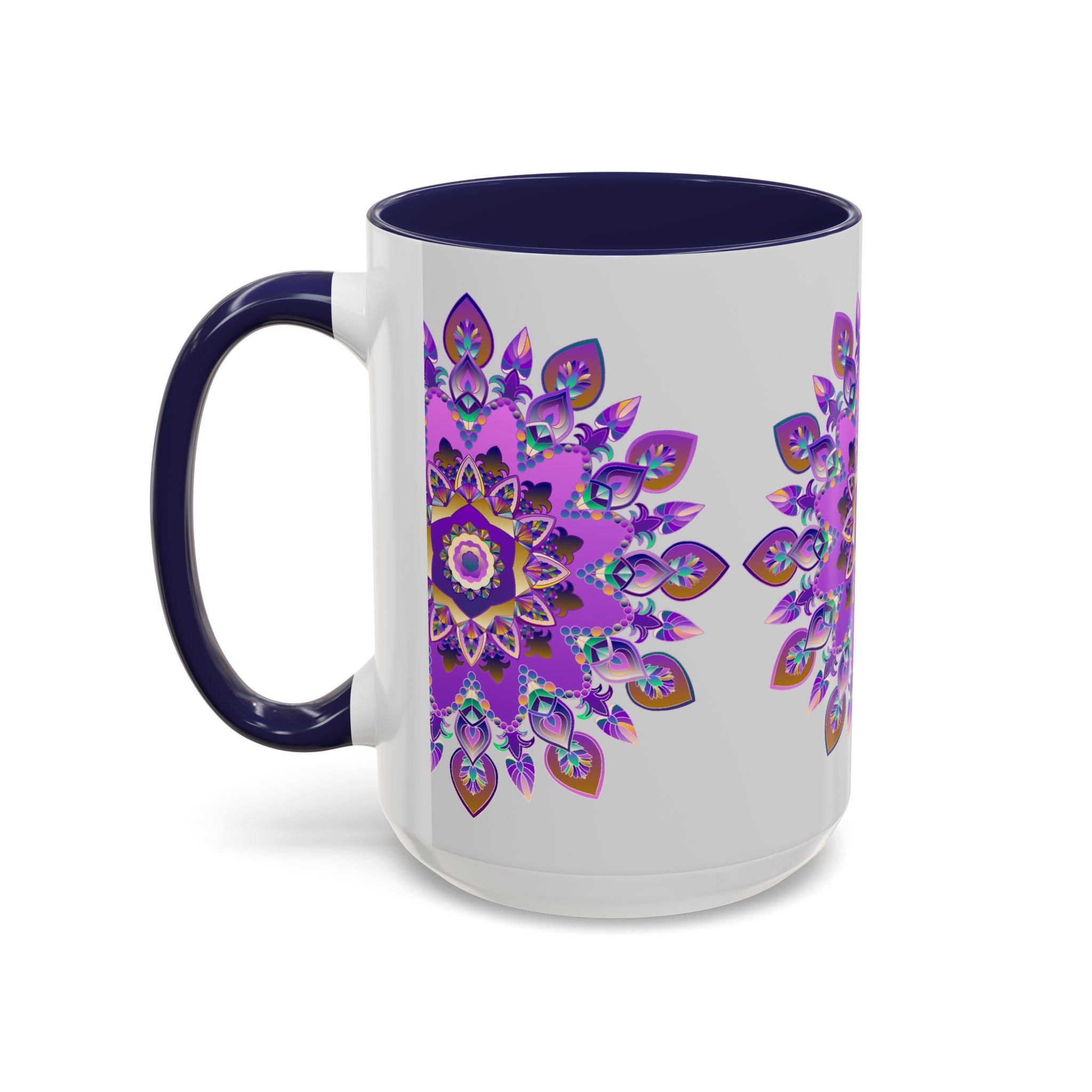 Beautiful purple and gold mandala design mug, perfect for bohemian art lovers