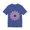 Vibrant and intricate psychedelic purple mandala design on a t-shirt