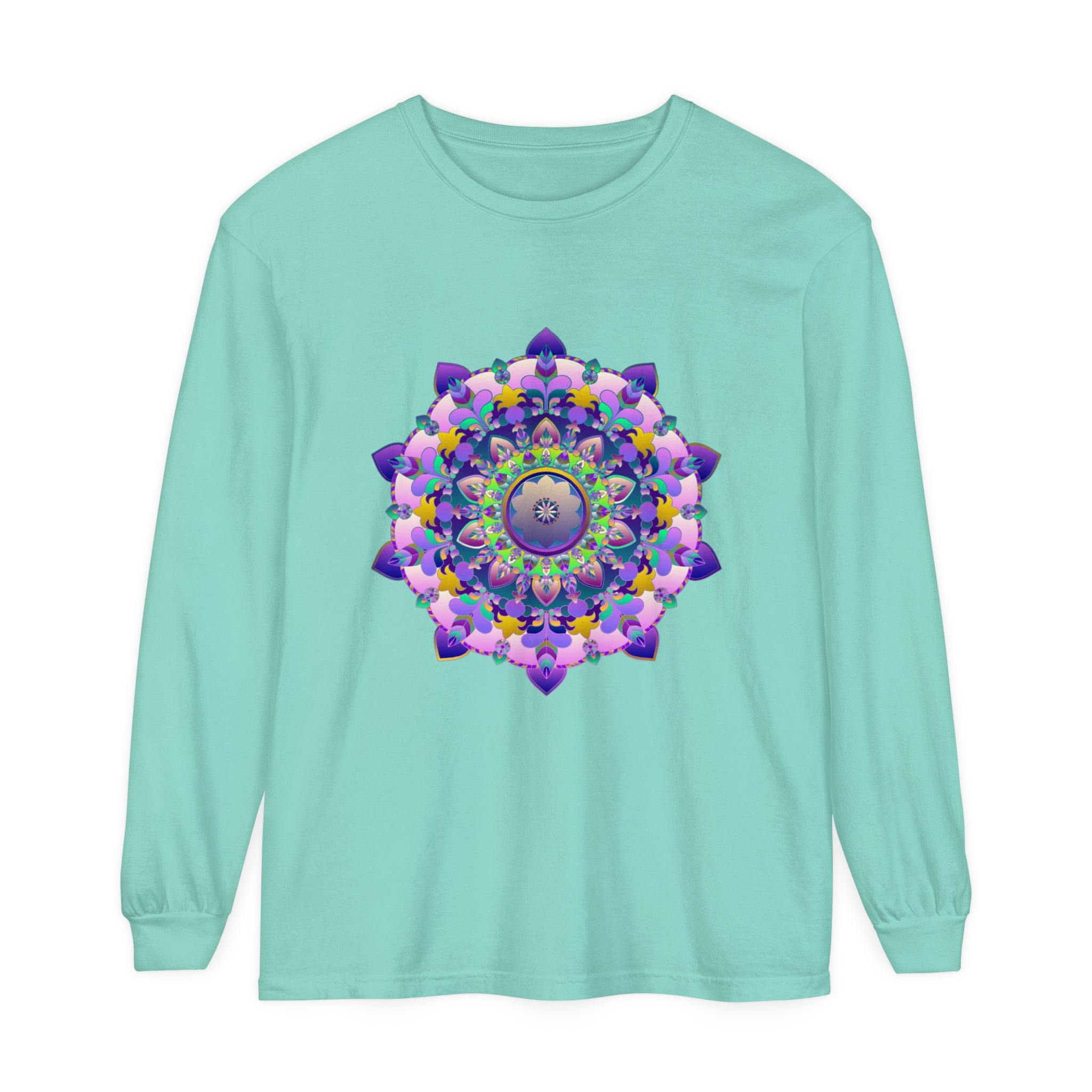 Colorful and detailed mandala design on a comfortable unisex long sleeve t-shirt