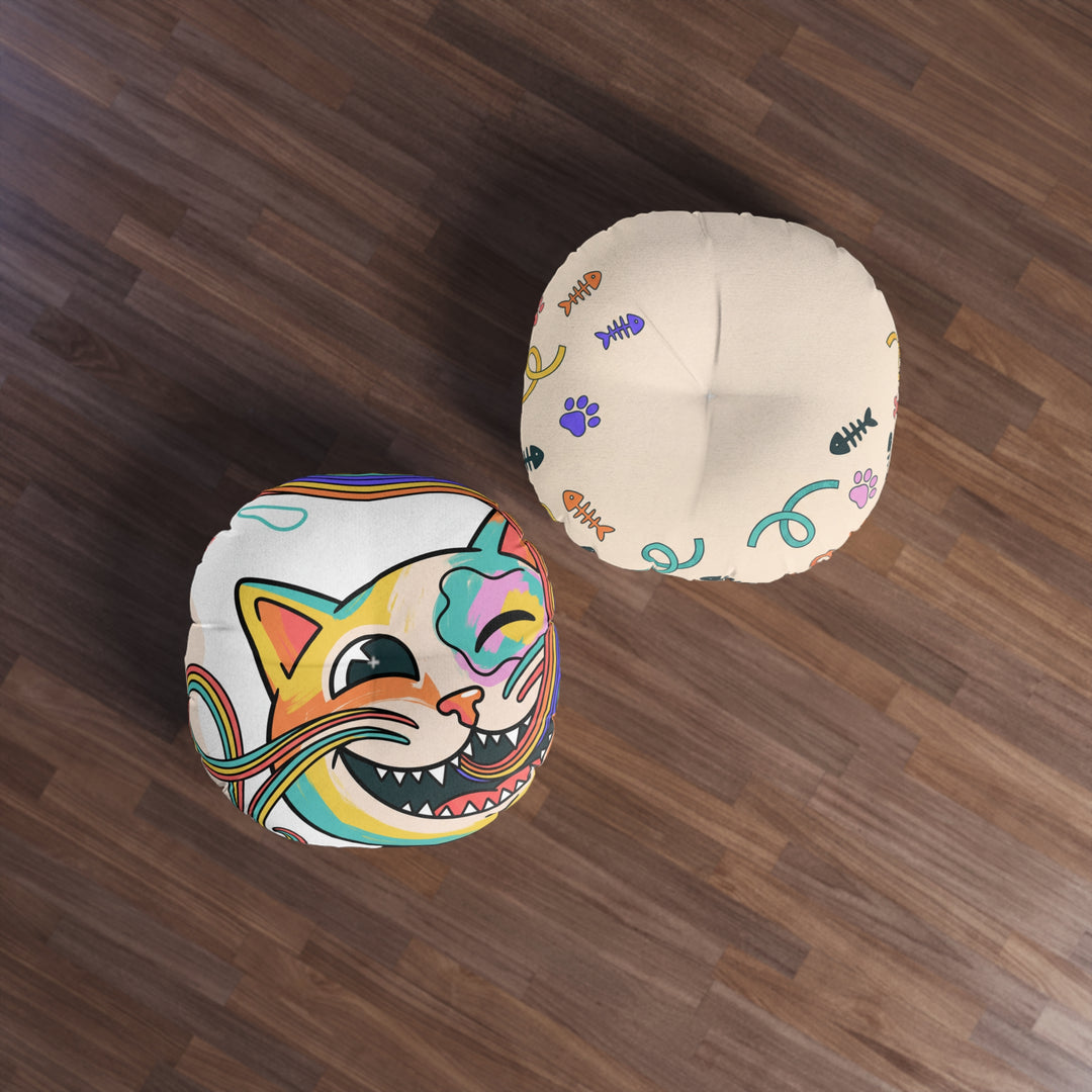 Round Tufted Floor Pillow — Grinning Rainbow Cat Cartoon with Paw Icons