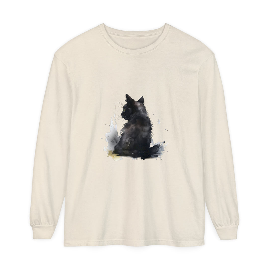 Black Cat Watercolor Dream Long Sleeve T-Shirt featuring a beautiful watercolor cat design on a black background