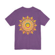 Colorful and eye-catching tee with a mandala symbolizing peace and unity