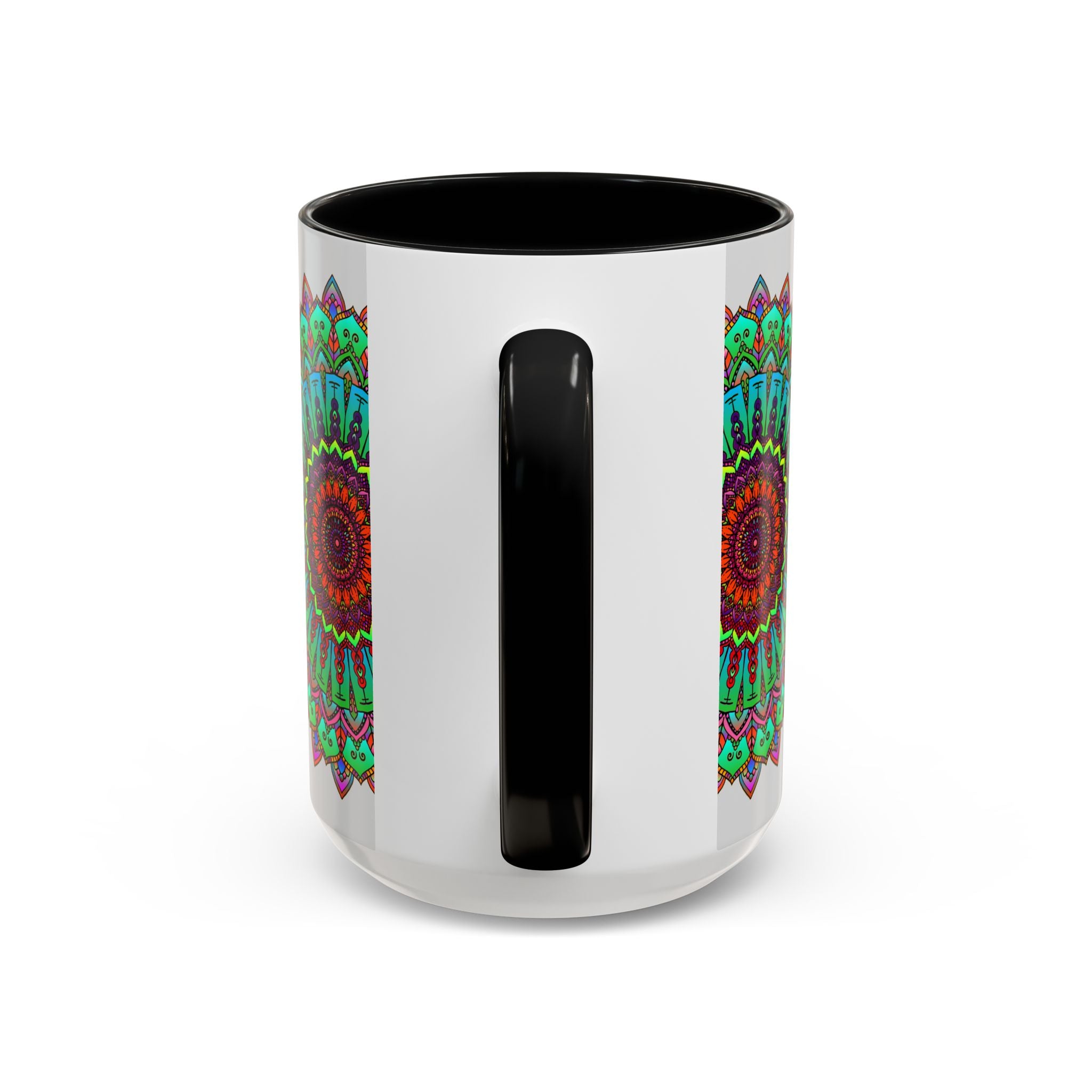 A light grey ceramic mug with a colorful mandala art design