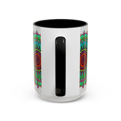 A light grey ceramic mug with a colorful mandala art design