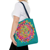 Colorful mandala art tote bag in beautiful shades of acquamarine and intricate patterns