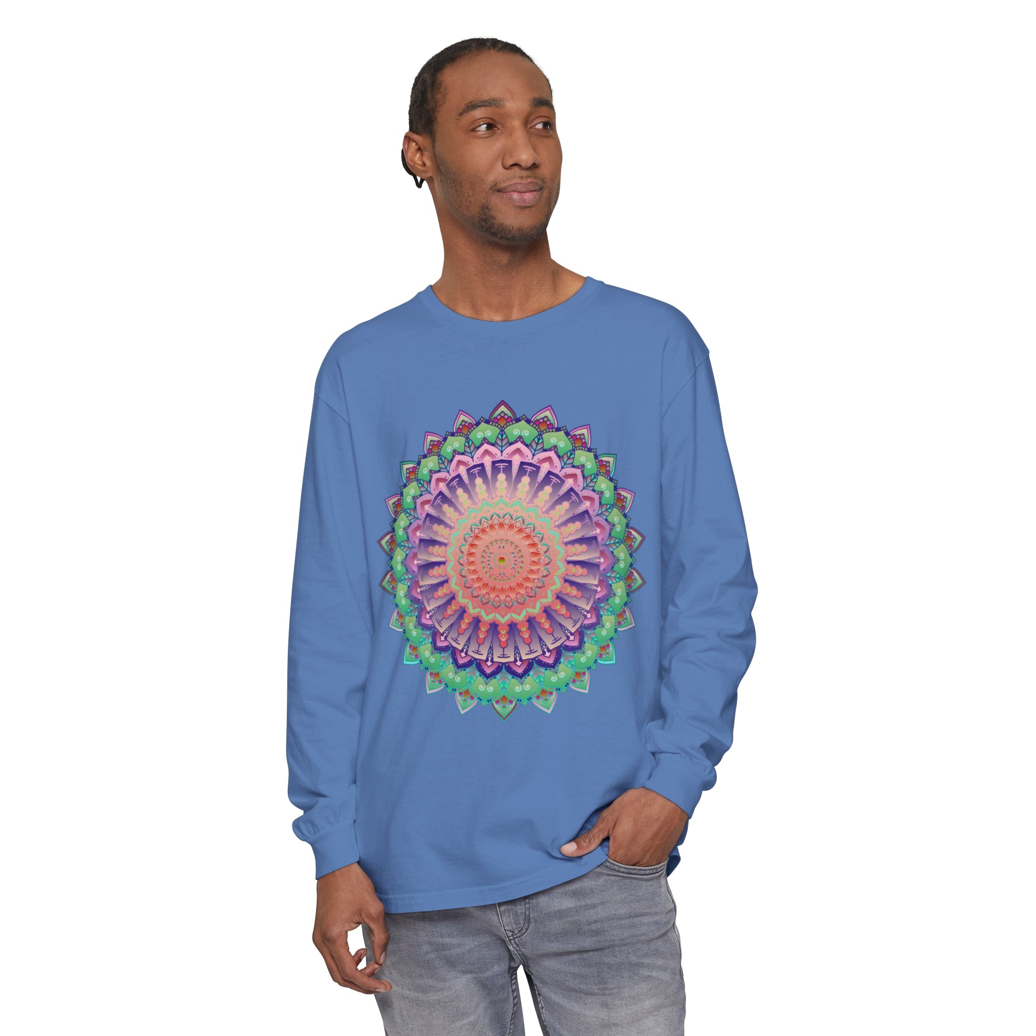 Colorful and intricate mandala design featured on a unisex long sleeve t-shirt