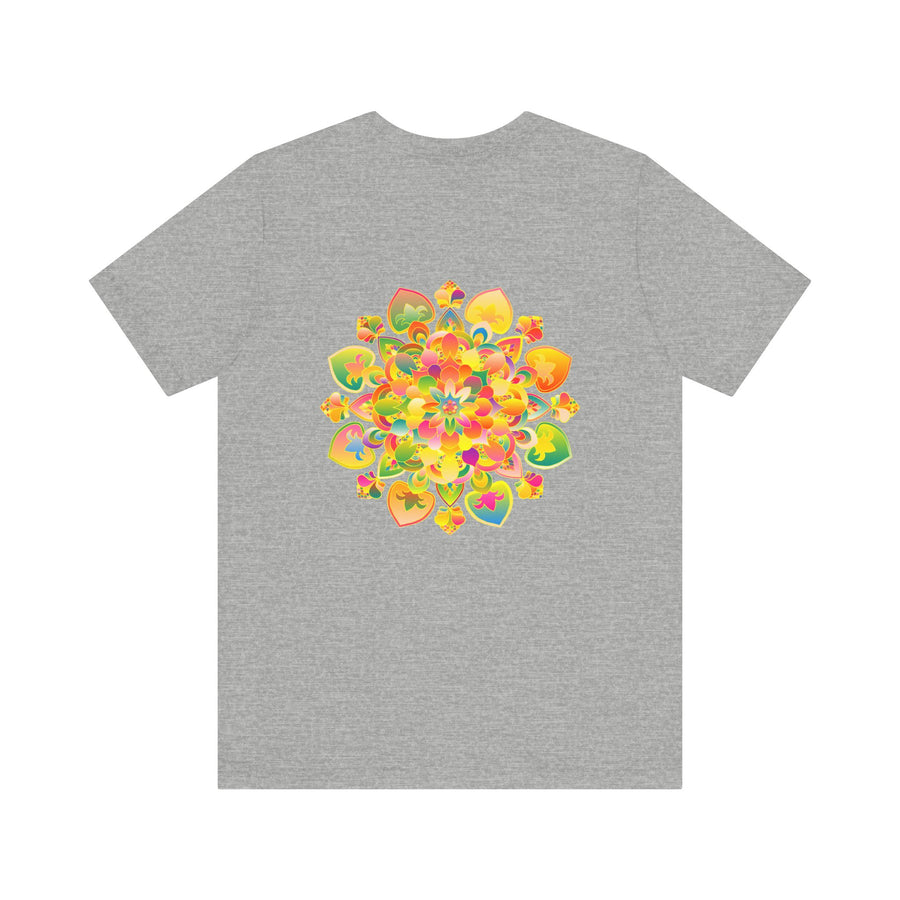 A vibrant and colorful mandala design T-shirt that promotes spiritual peace and harmony with its intricate patterns and soothing colors