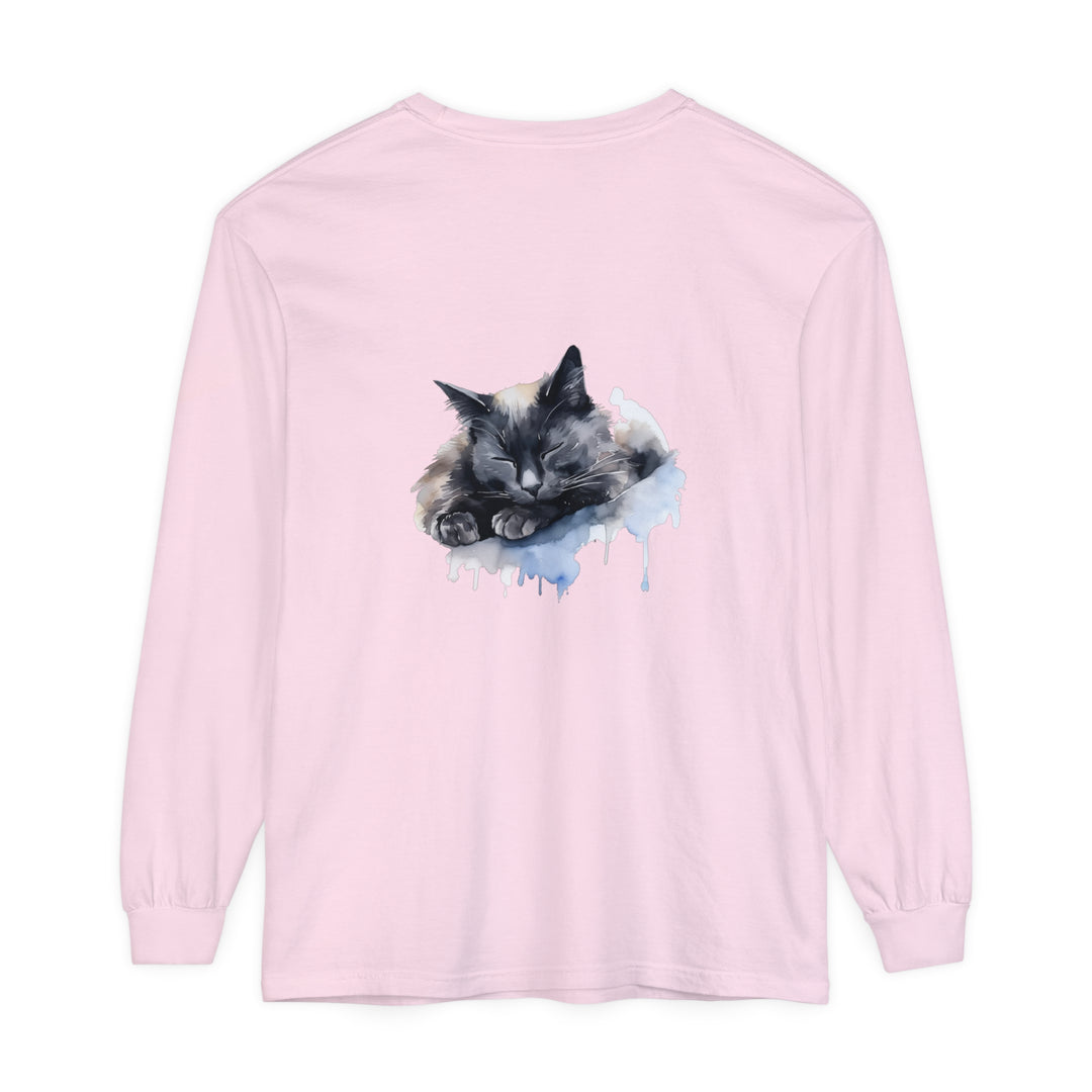 Adorable watercolor illustration of a sleeping cat on a t-shirt