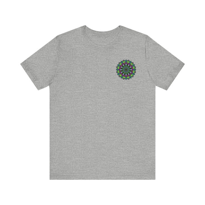 A vibrant, colorful t-shirt featuring a mandala design representing spiritual harmony and peace