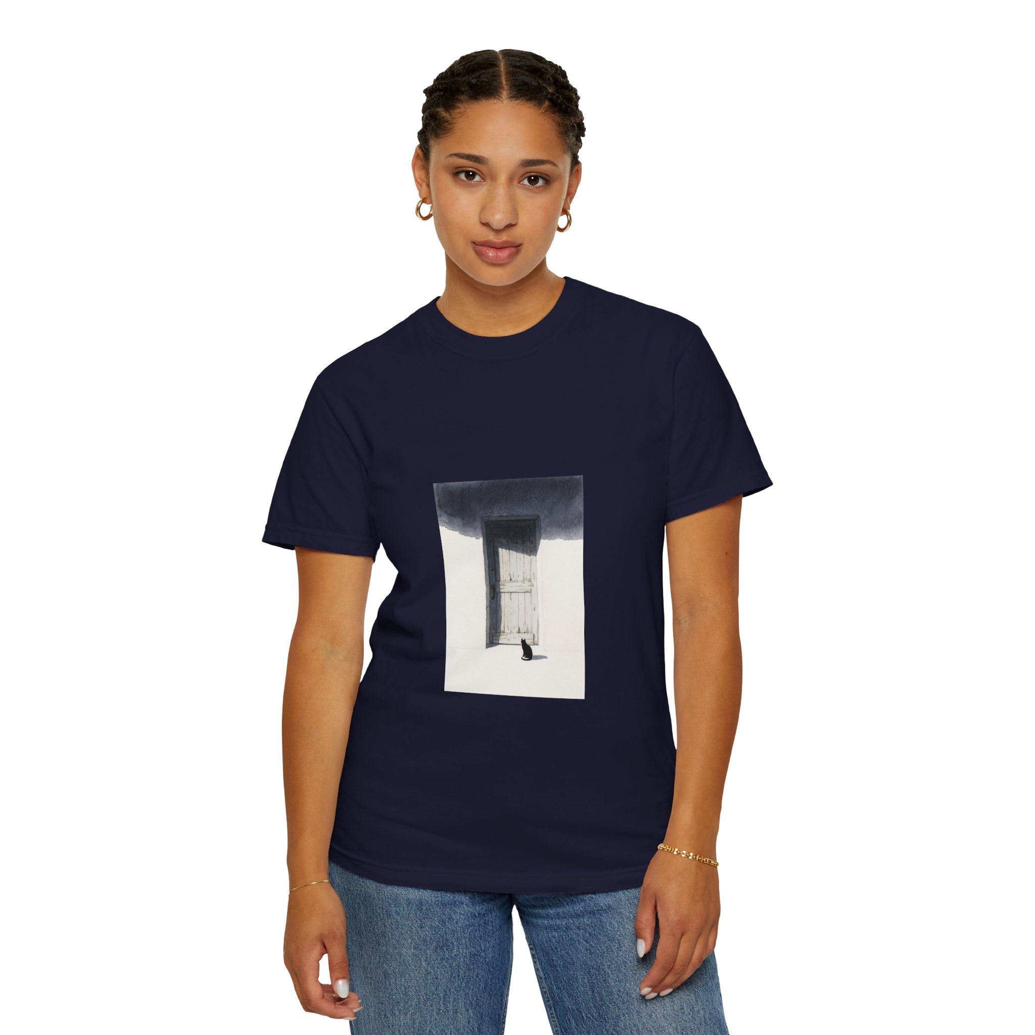 T-Shirt — Minimal Art Cat at Door Graphic Tee