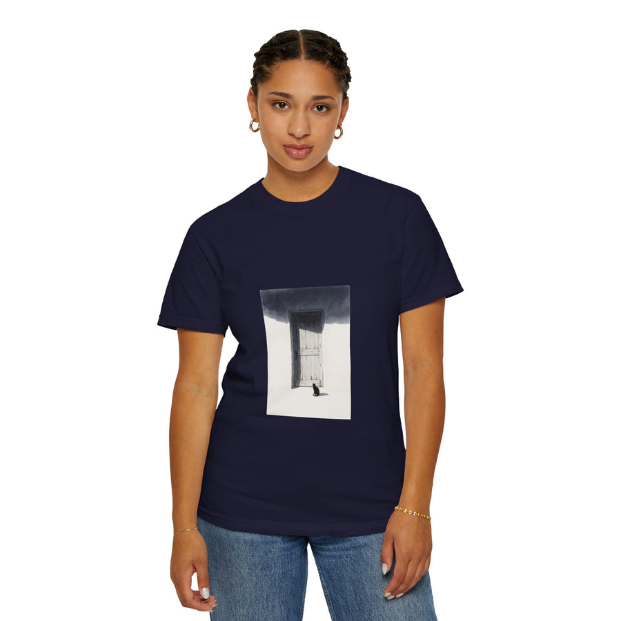 T-Shirt — Minimal Art Cat at Door Graphic Tee