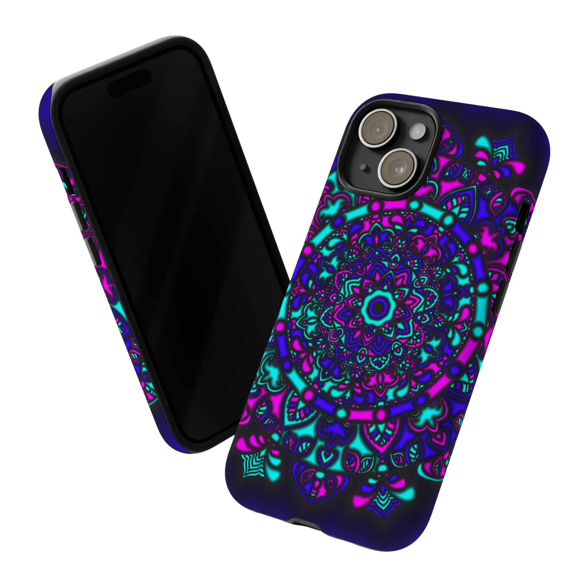 Cover protettiva resistente per telefono Mandala Neon — Viola e Verde acqua