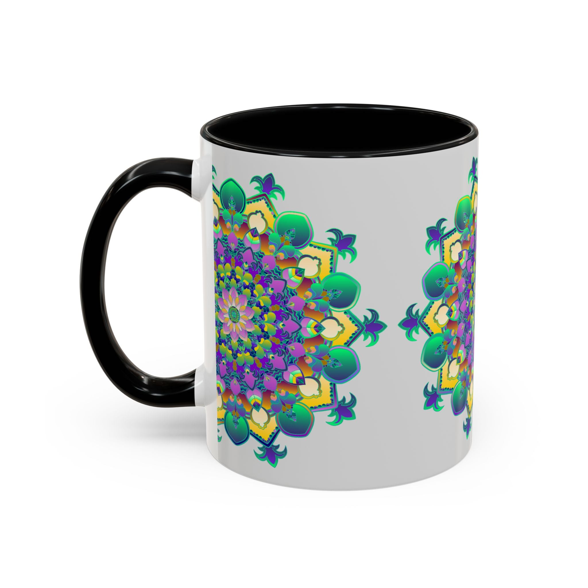 Beautiful light grey mandala art mug with vibrant colors and intricate design