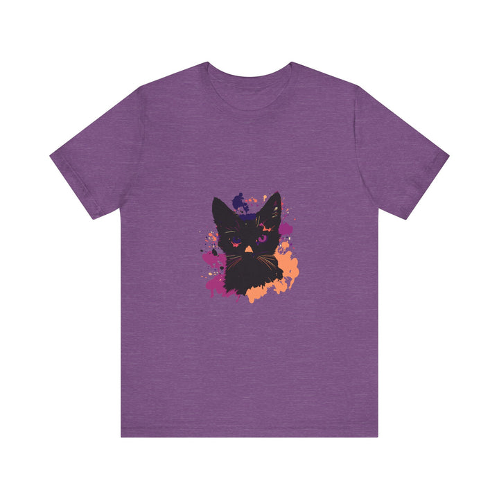 Black Cat Mystery T-Shirt in black with a close-up of purple cat eyes design