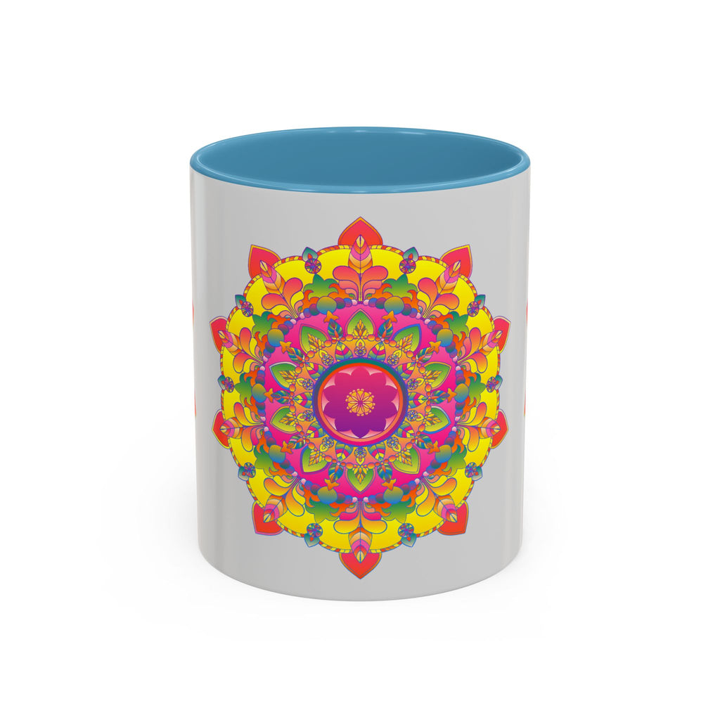 Eye-catching Mandala Mug - Vibrant Art on Grey featuring a vibrant and detailed mandala design