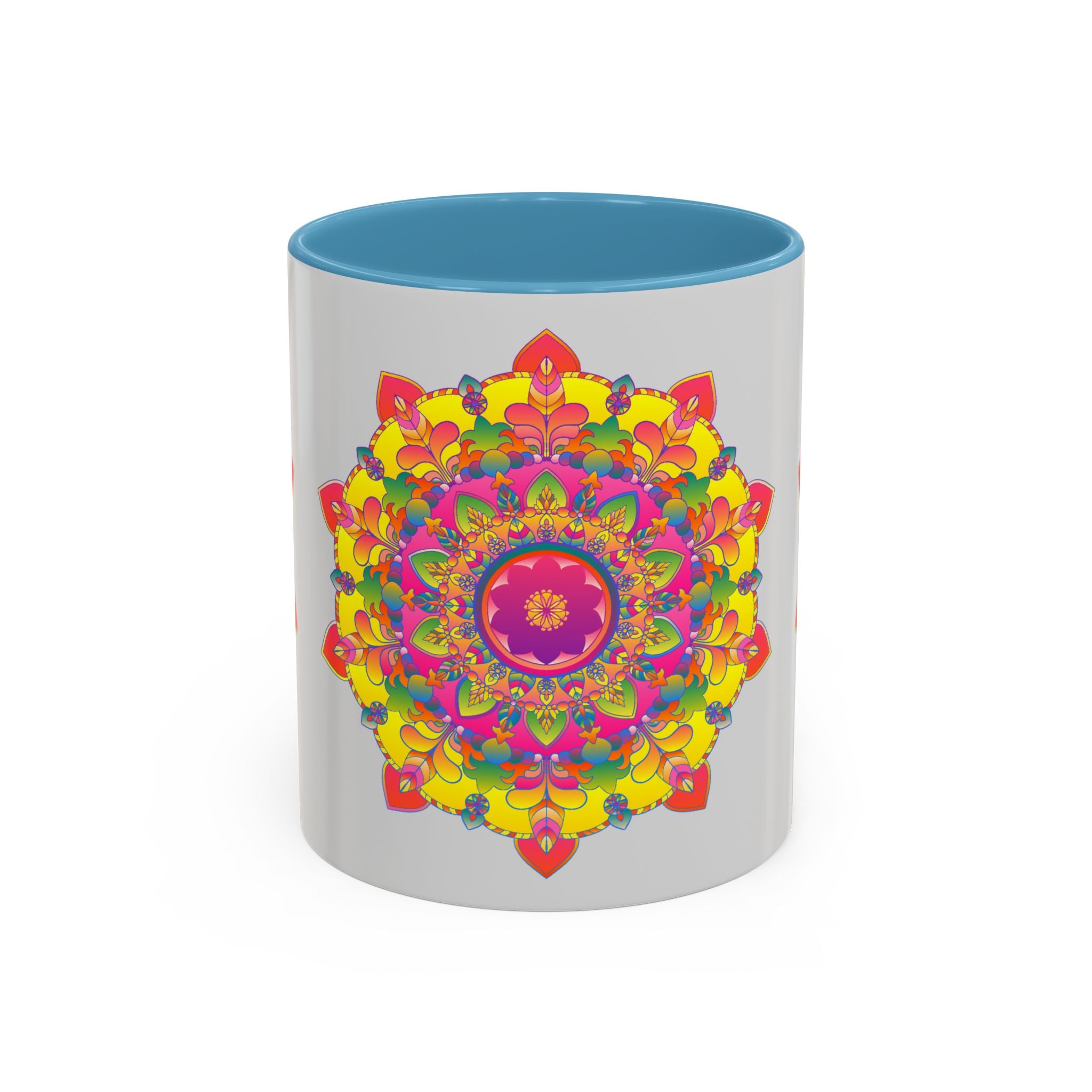 Eye-catching Mandala Mug - Vibrant Art on Grey featuring a vibrant and detailed mandala design