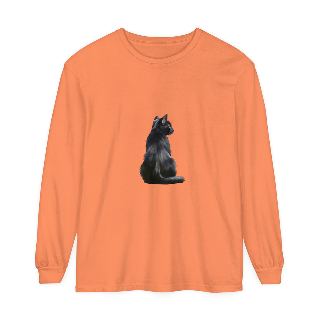 Black Cat Mystique Long Sleeve T-Shirt: A black long sleeve shirt featuring a mystical black cat design