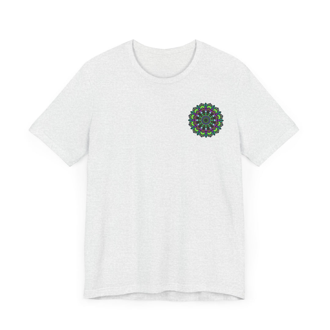 Alt text: A comfortable white t-shirt featuring a vibrant mandala design, symbolizing spiritual harmony and peace, perfect for those seeking inner balance and tranquility Available in various sizes