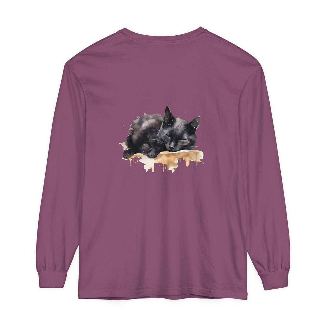 Adorable black cat sleeping peacefully in watercolor design on t-shirt