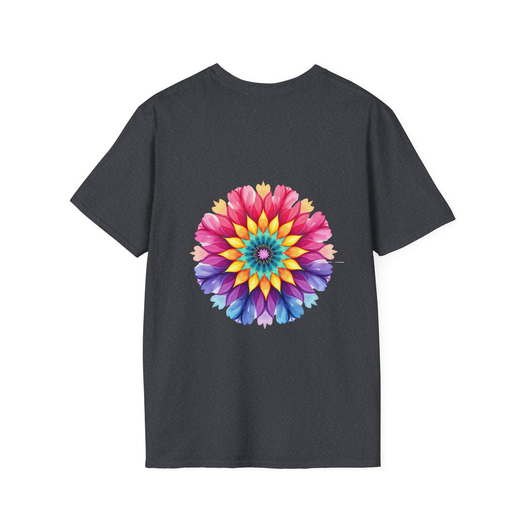 White t-shirt with a colorful floral mandala design and a quote in the center