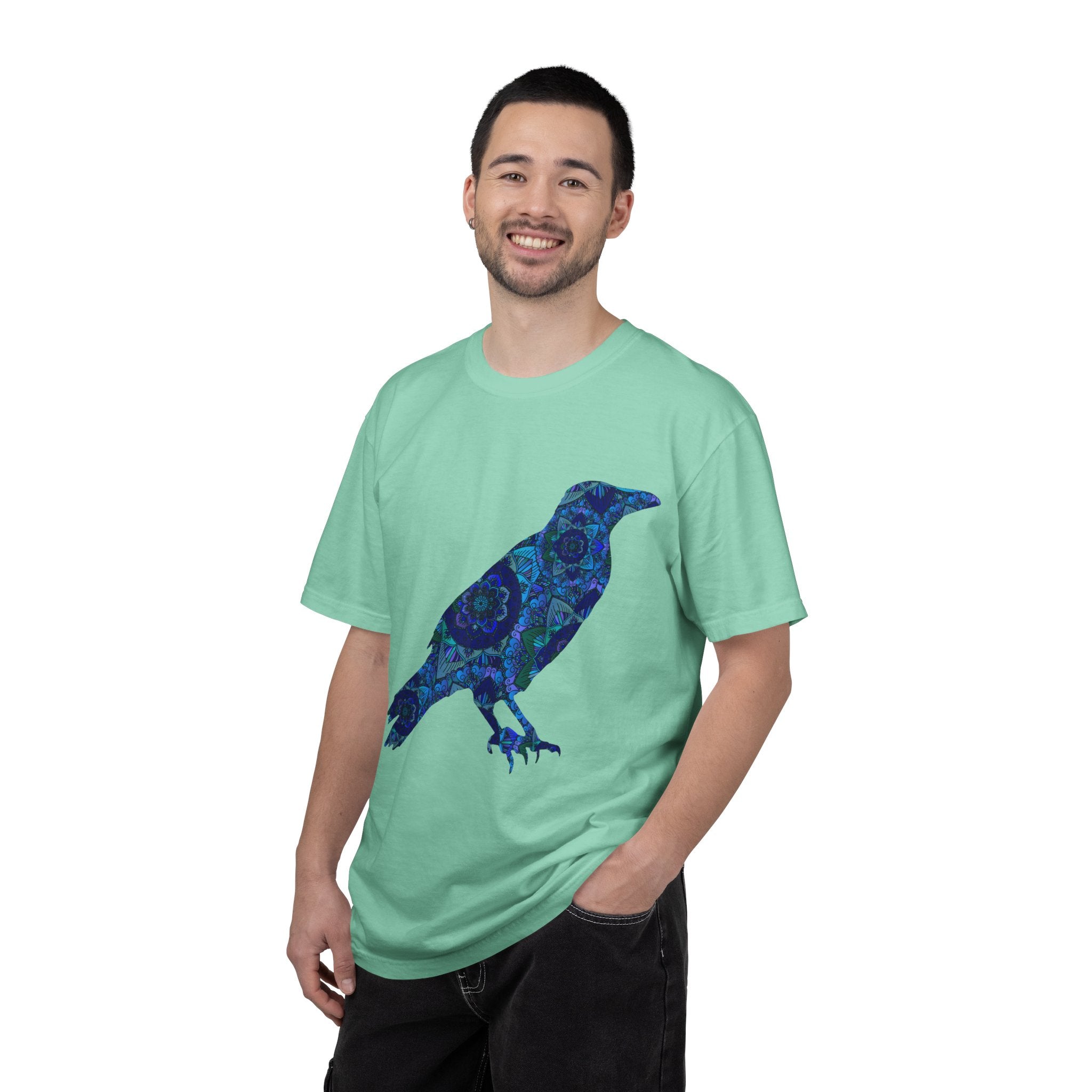 Maglietta con stampa corvo mandala blu — Maglietta grafica con corvo Inner Protection