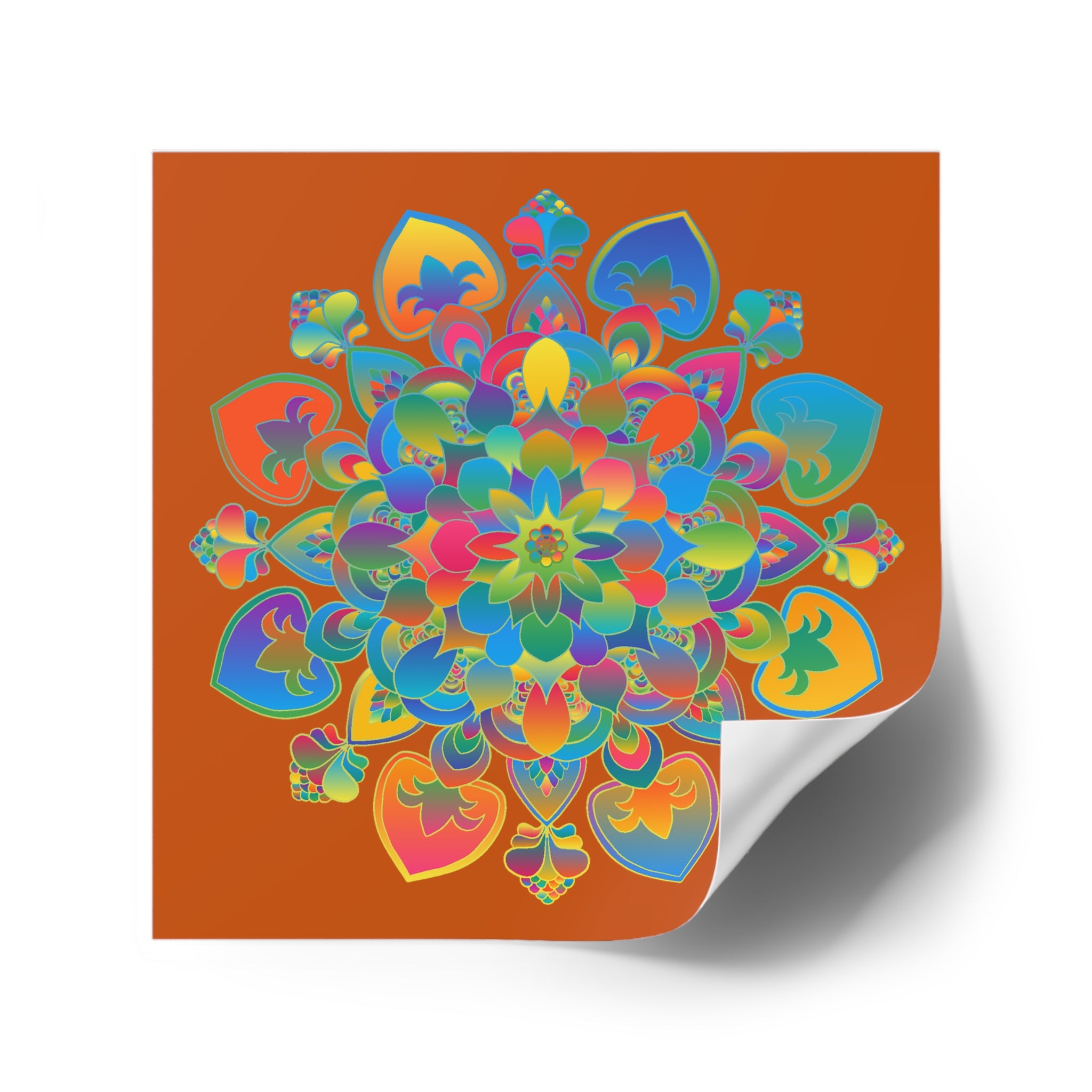 Handgezeichnete Mandala-Laminieraufkleber – Gold, Rot und Grün auf gebranntem Orange