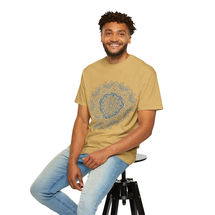 Handmade Mandala Art Tshirt - Unisex Garment-Dyed Tee with intricate hand-drawn mandala design on soft, comfortable cotton fabric