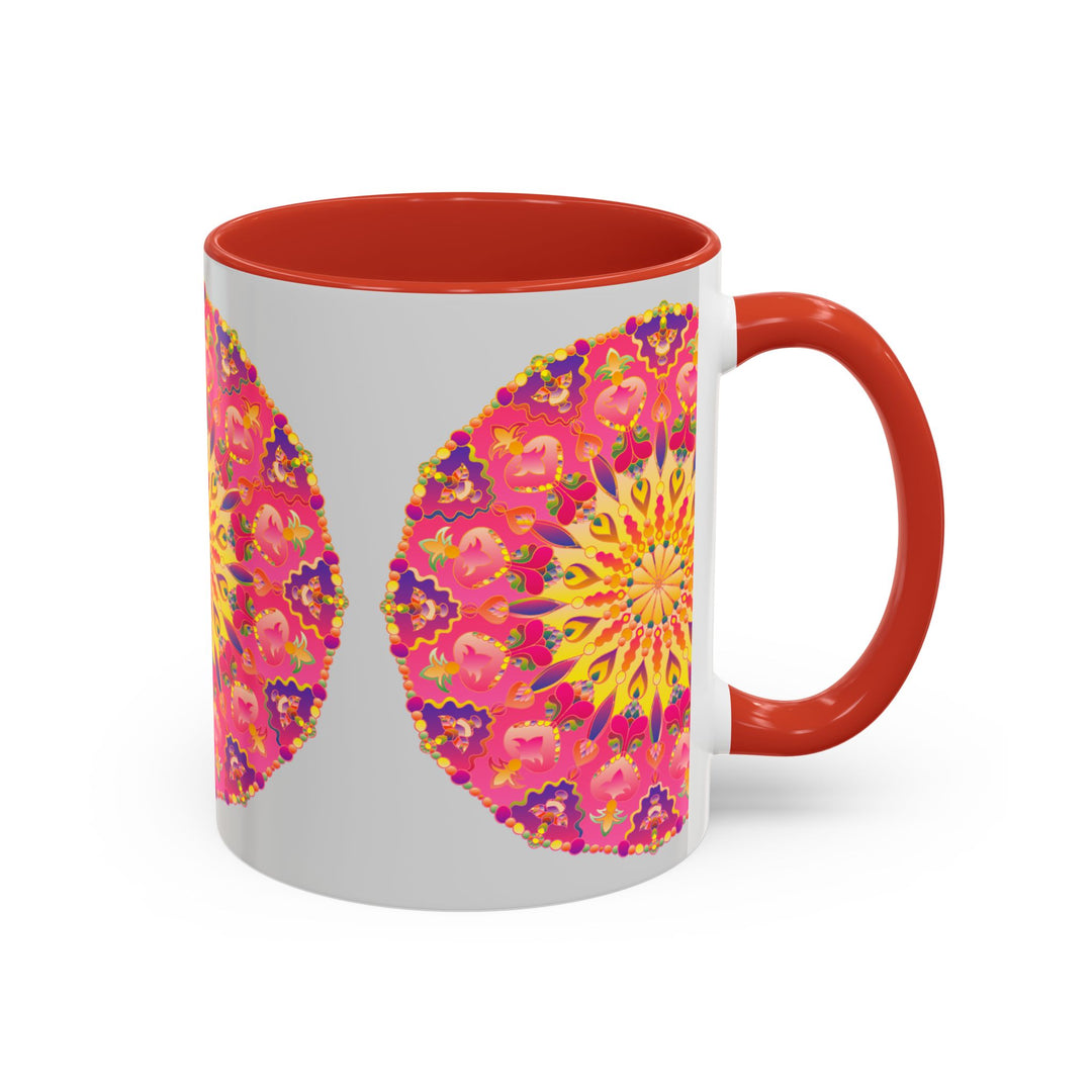 Colorful mandala art design mug in pink, yellow, and green