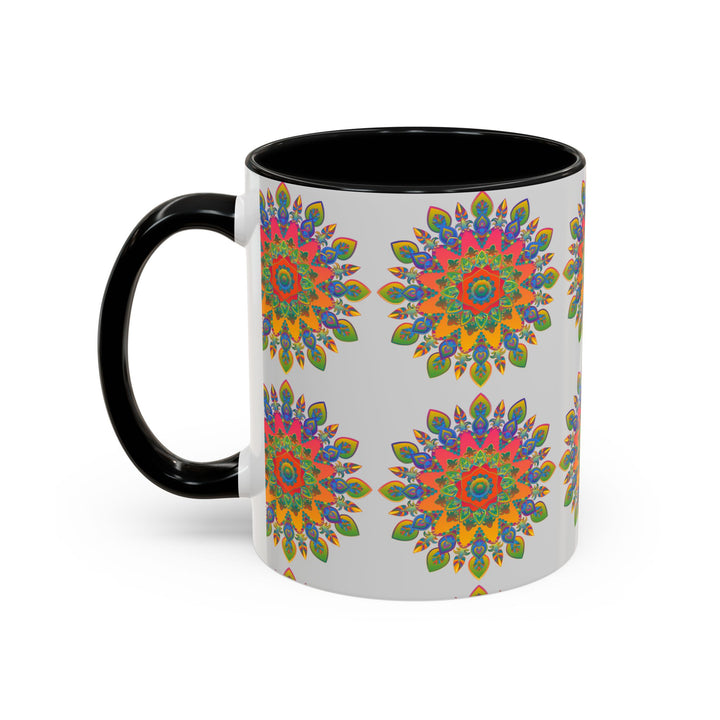 Colorful Mandala Mug with intricate and vibrant art on a grey background