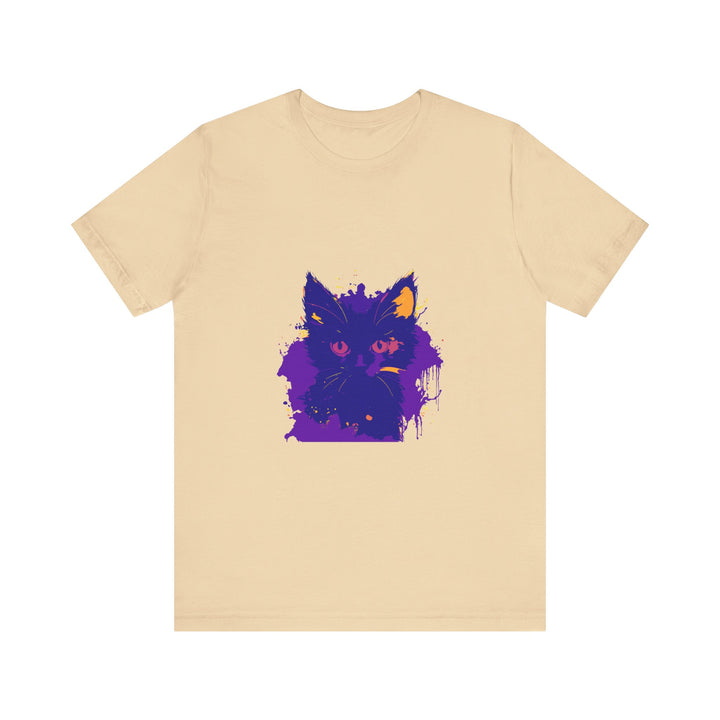 A whimsical blue and pink cat t-shirt with a cute and playful design