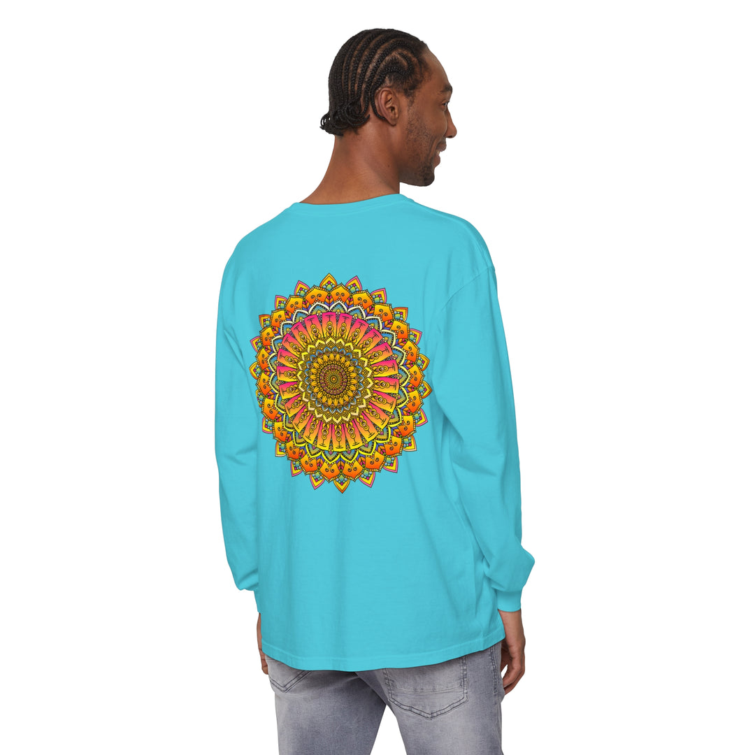 Long sleeve t-shirt with vibrant mandala pattern suitable for men and women