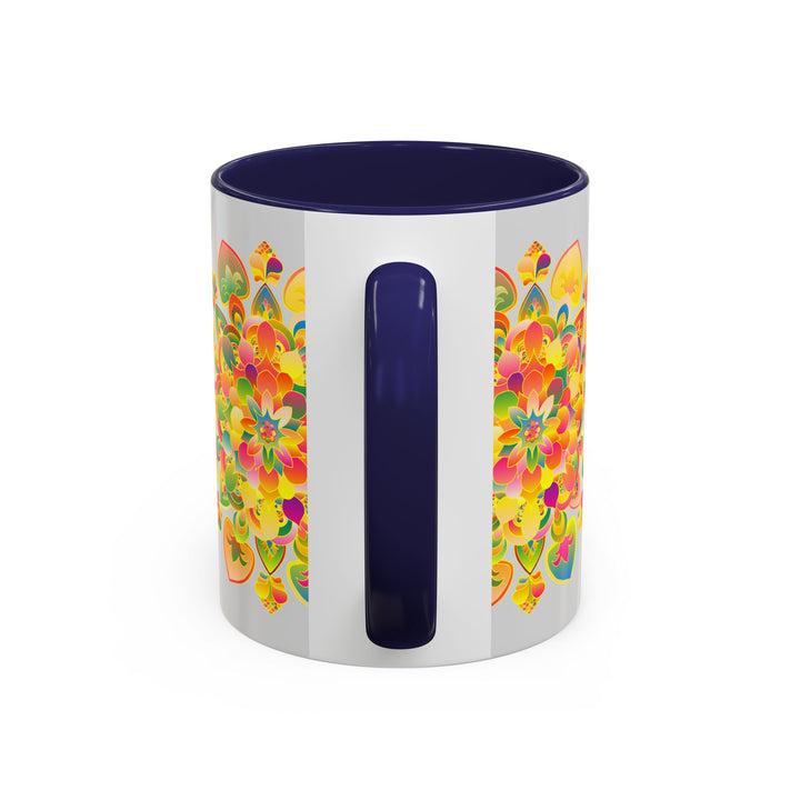 Colorful floral mandala design on ceramic coffee mug with intricate details