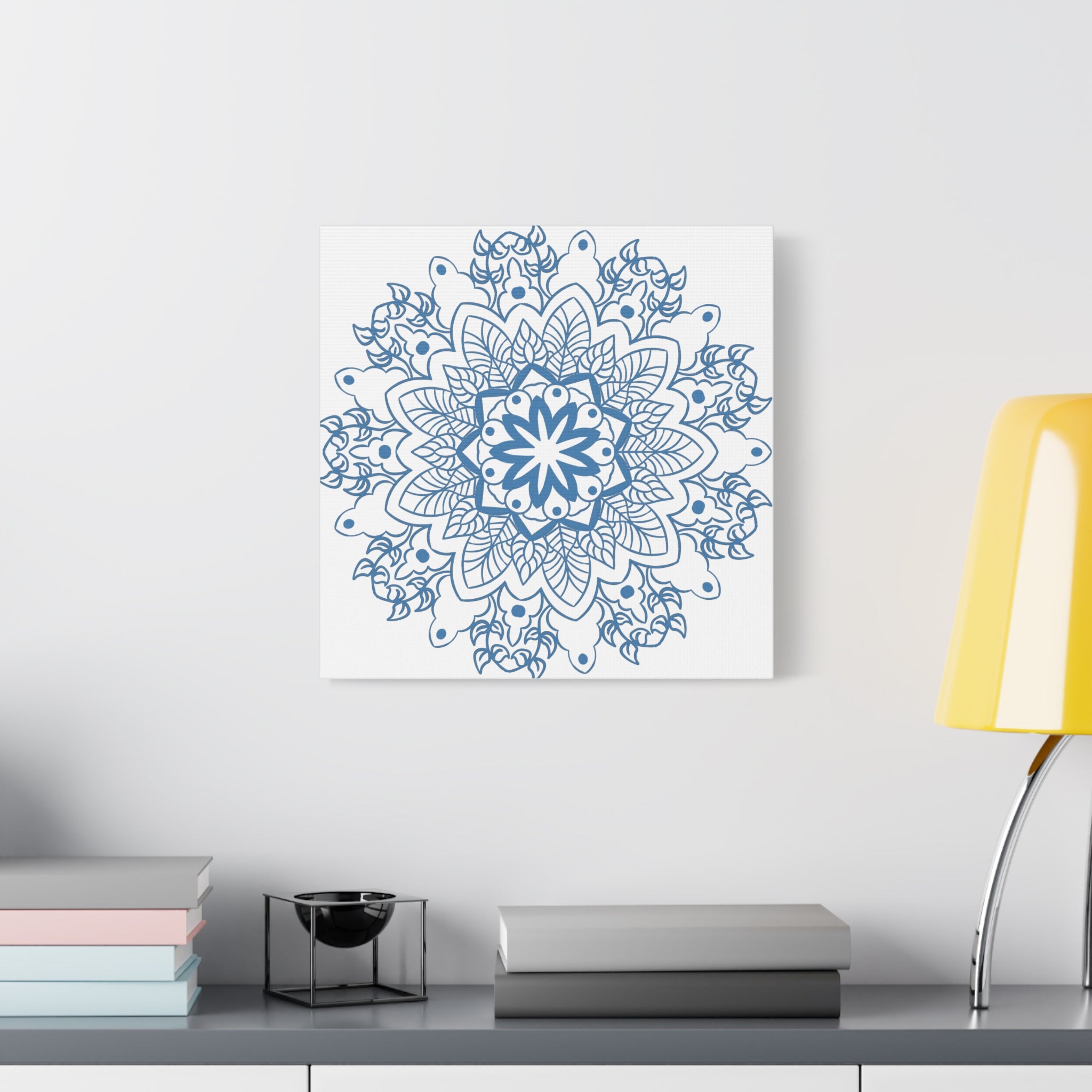 Handmade Mandala Art featuring a beautiful Steel Blue Mandala Design Wall Art, printed on Matte Canvas and stretched to 125 inches for a stunning and unique addition to any space