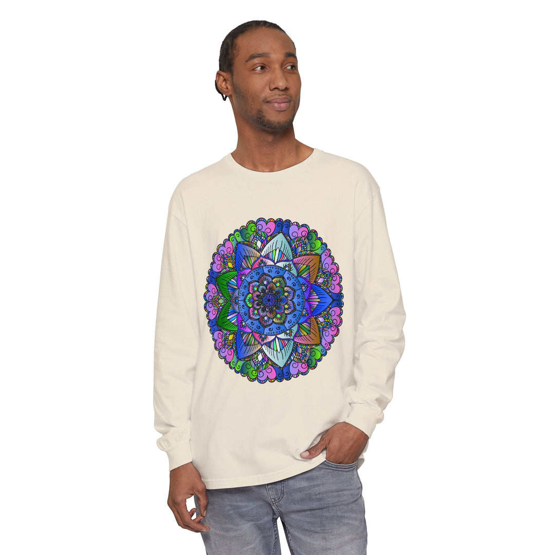 Colorful and intricate mandala design on unisex long sleeve t-shirt