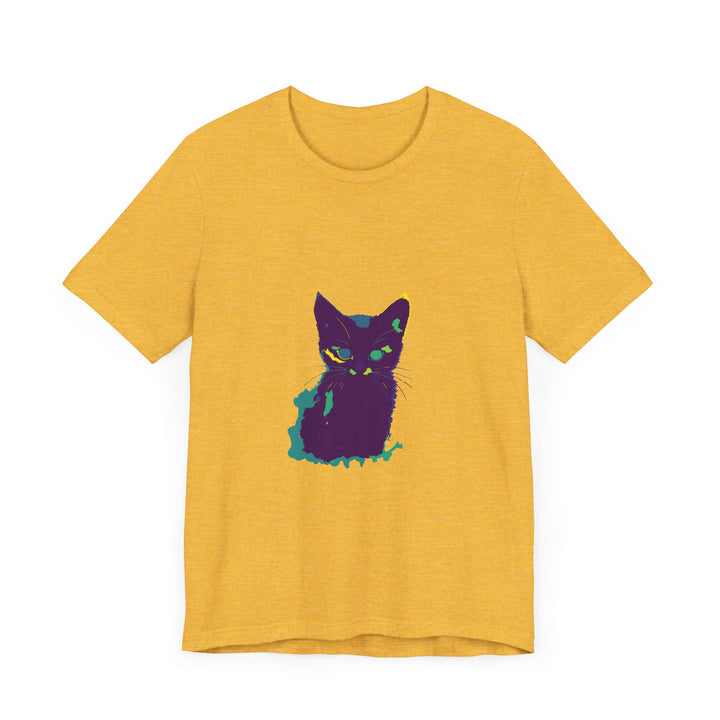 A colorful whimsical cat silhouette tee shirt with a vibrant design