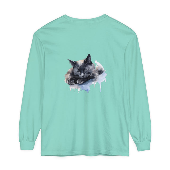 Beautiful watercolor illustration of a sleeping cat on a t-shirt