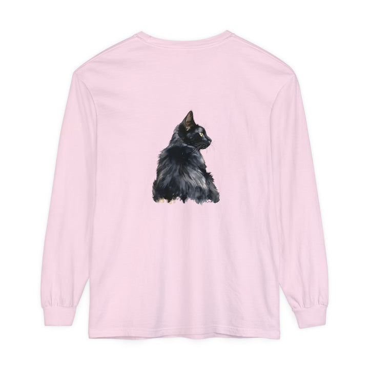 Black Cat Watercolor Long Sleeve T-Shirt with vibrant watercolor design and comfortable fit