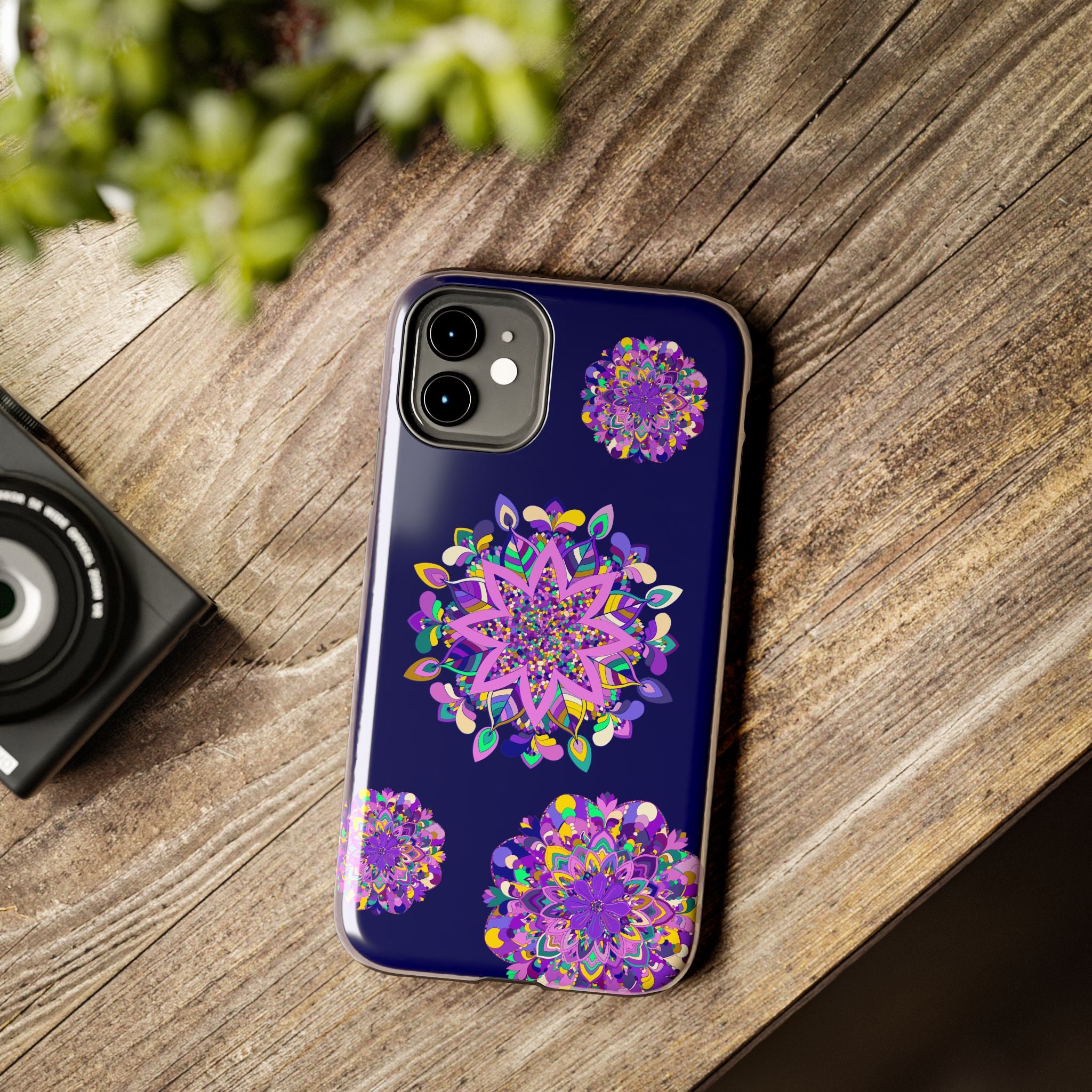 Hand drawn purple mandala art phone case with durable and shock absorbent features