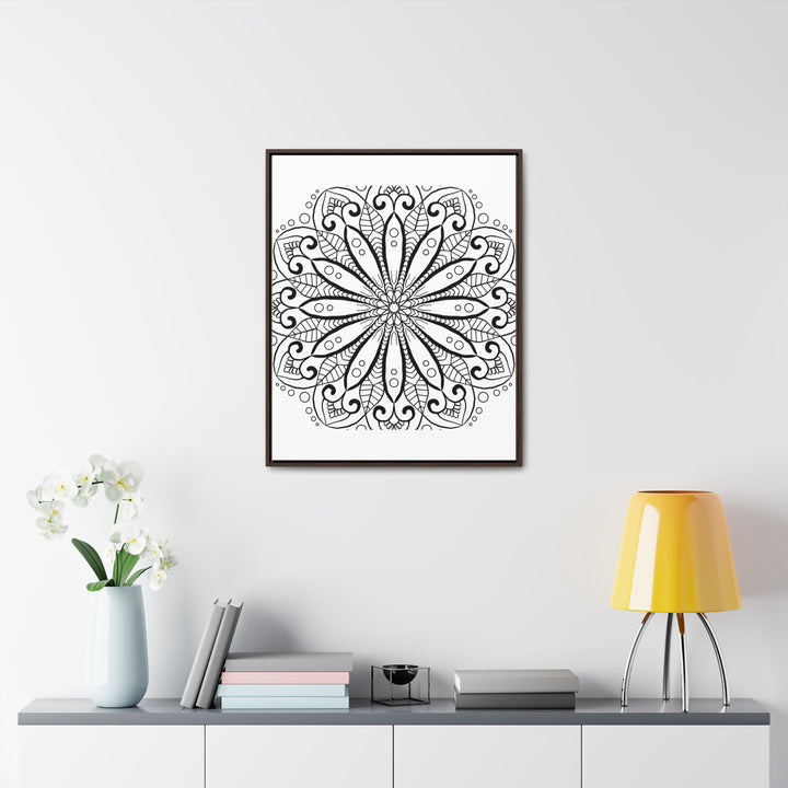 Beautiful handmade black and white mandala art on gallery canvas wrap, framed vertically for wall display