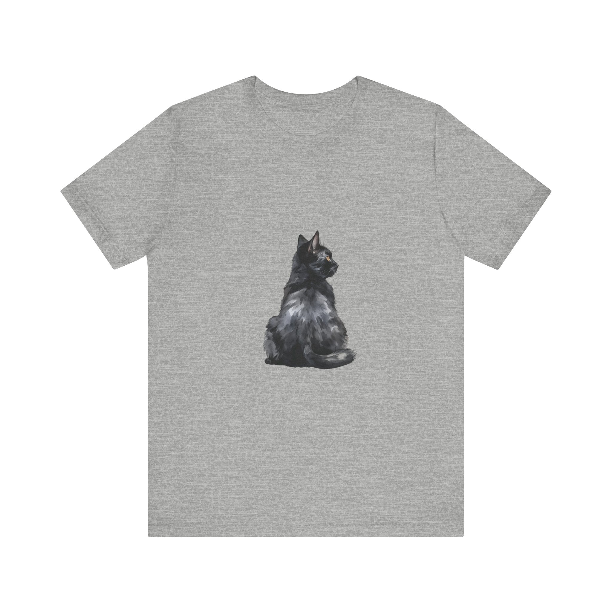 A black t-shirt featuring a mystical cat design with a striking gaze