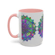 A vibrant and detailed mandala art mug with colorful and intricate designs