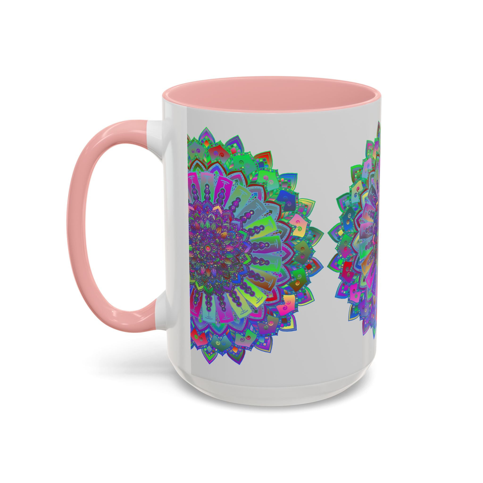 A vibrant and detailed mandala art mug with colorful and intricate designs