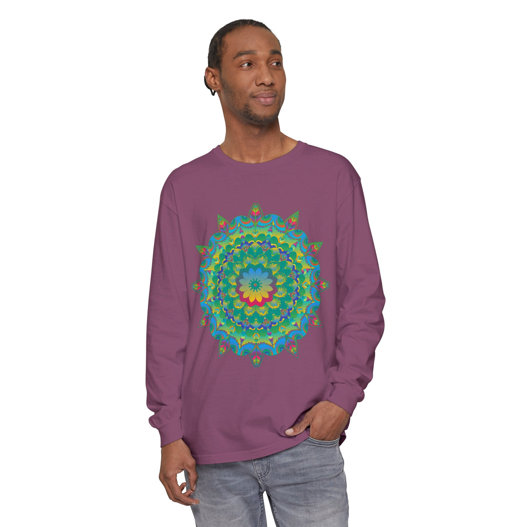 Colorful and vibrant long sleeve t-shirt with a psychedelic mandala design