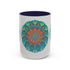 Beautiful Mandala Art Mug with intricate blue and green design, perfect for adding a touch of elegance to your morning coffee routine