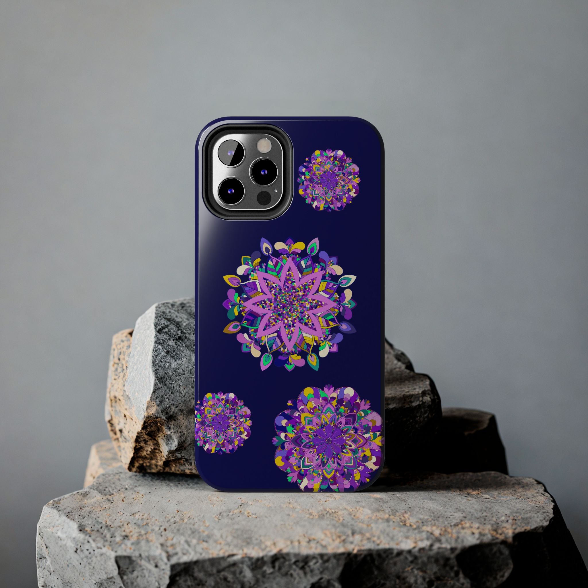 Hand drawn mandala art purple shades phone case, durable and shock absorbent, provides stylish protection for your device