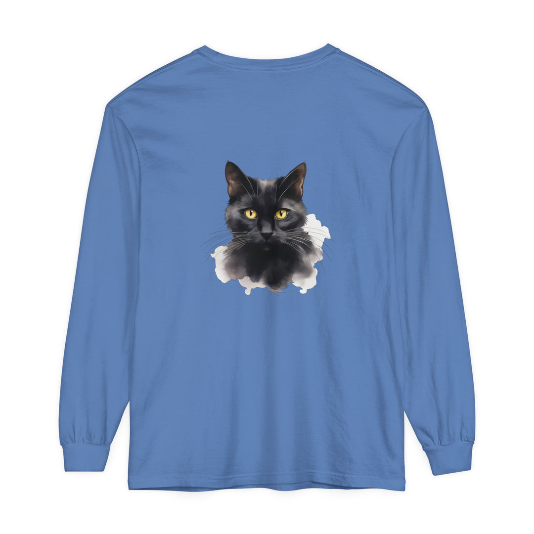 Black cat portrait unisex long sleeve t-shirt featuring a detailed feline design