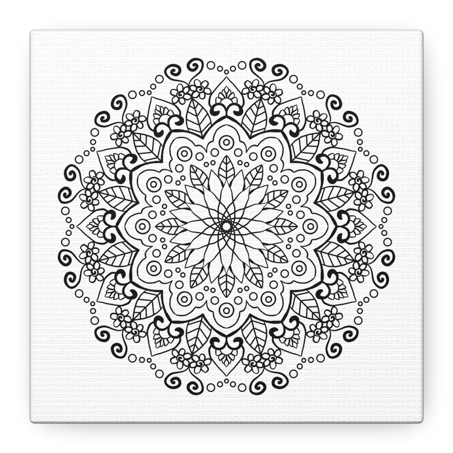 Handmade black and white mandala art on matte canvas, stretched and 125 inches thick for wall display