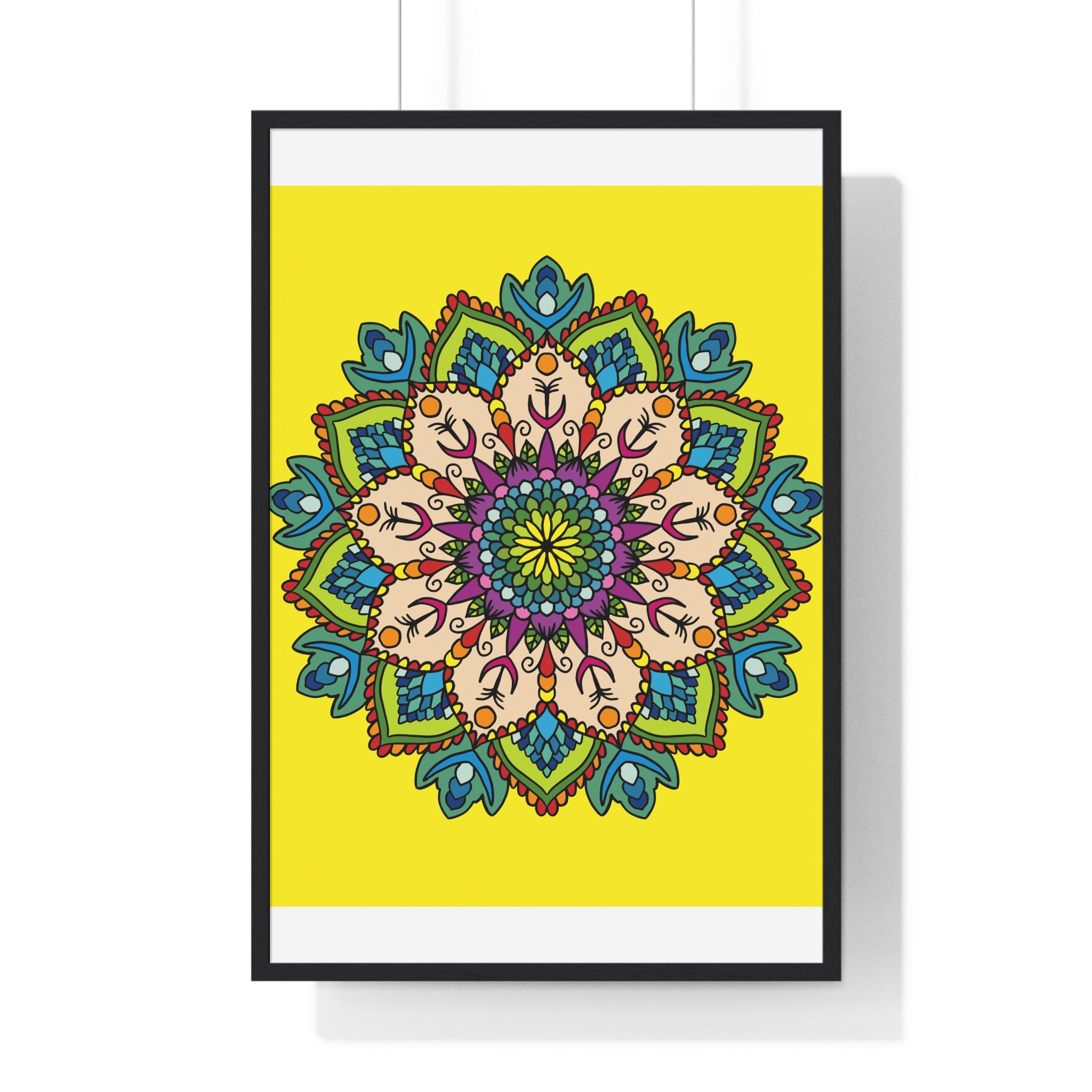 Vertical framed poster featuring a hand-drawn yellow mandala, perfect for mindfulness and yoga enthusiasts